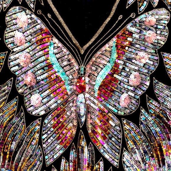 π VINTAGE Butterfly Sequin Boho Silk Crop Poncho - Picture 2 of 7